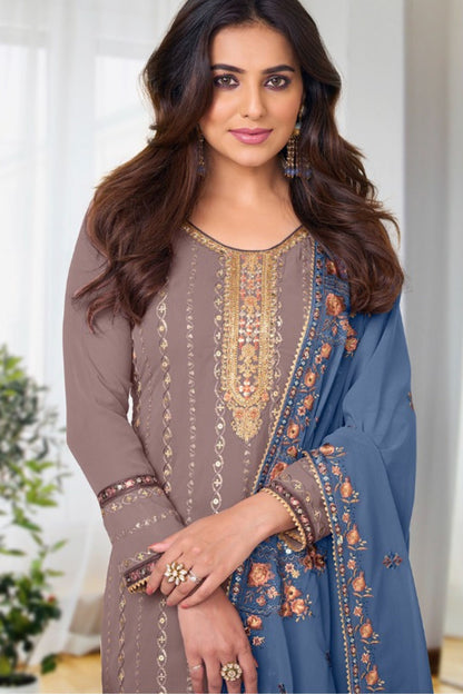 Dark Beige Georgette with Chinon Silk Kameez with Pant For Indian Suit Festivals & Pakistani Weddings - Embroidery Work