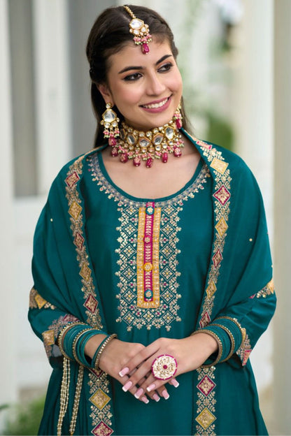 Teal Chinon Silk Kameez with Plazzo For Indian Suit Festivals & Pakistani Weddings - Embroidery Work