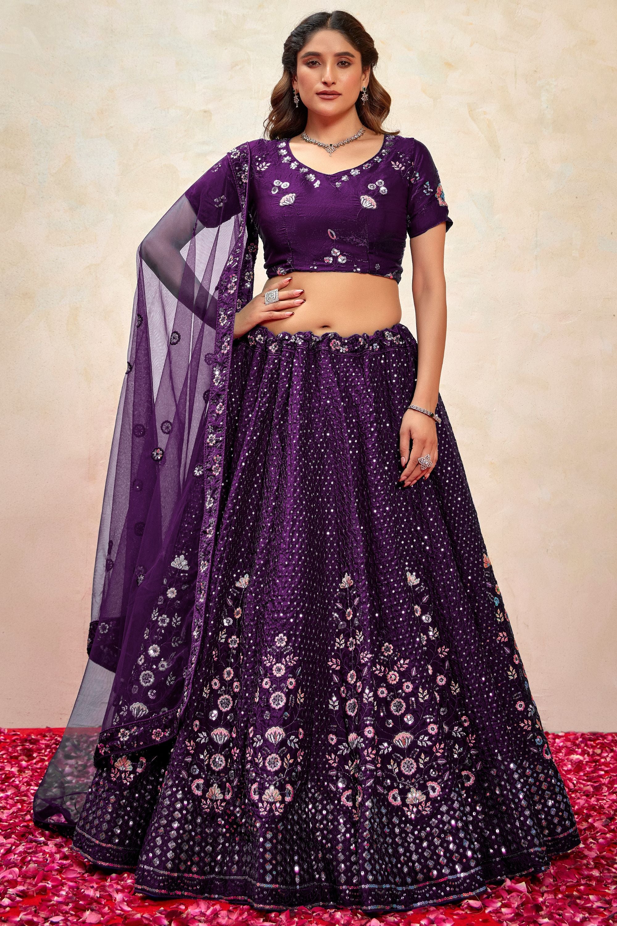 Dark Purple Silk Lehenga Choli For Indian Festivals & Pakistani Weddings Dress - Thread Embroidery Work, Sequence Embroidery Work