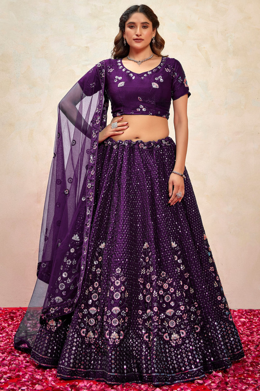 Dark Purple Silk Lehenga Choli For Indian Festivals & Pakistani Weddings Dress - Thread Embroidery Work, Sequence Embroidery Work