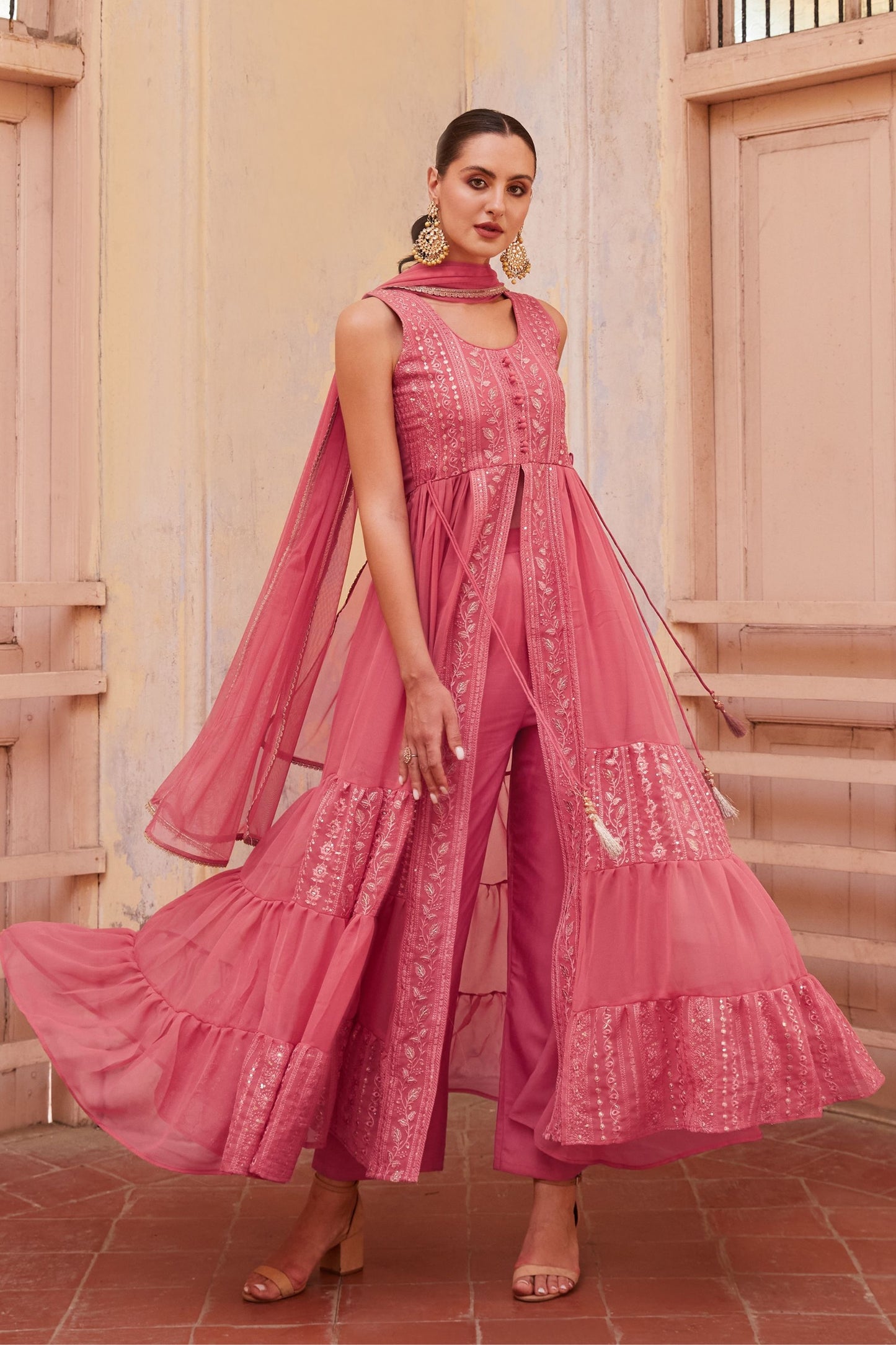 Hot Pink Georgette Long Anarkali with Front Slit and Pant For Indian Festivals & Weddings - Thread & Sequence Embroidery Work, Zari Work