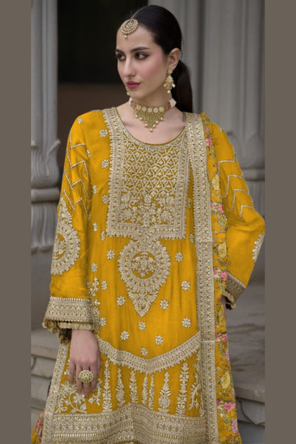 Yellow Chinon Silk Kameez with Plazzo And Dupatta For Indian Suit Festivals & Pakistani Weddings - Embroidery Work