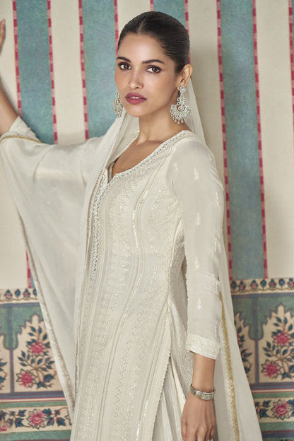 White Chinon Silk Plazo Suits for Indian Festival & Pakistani Wedding - Embroidery Work