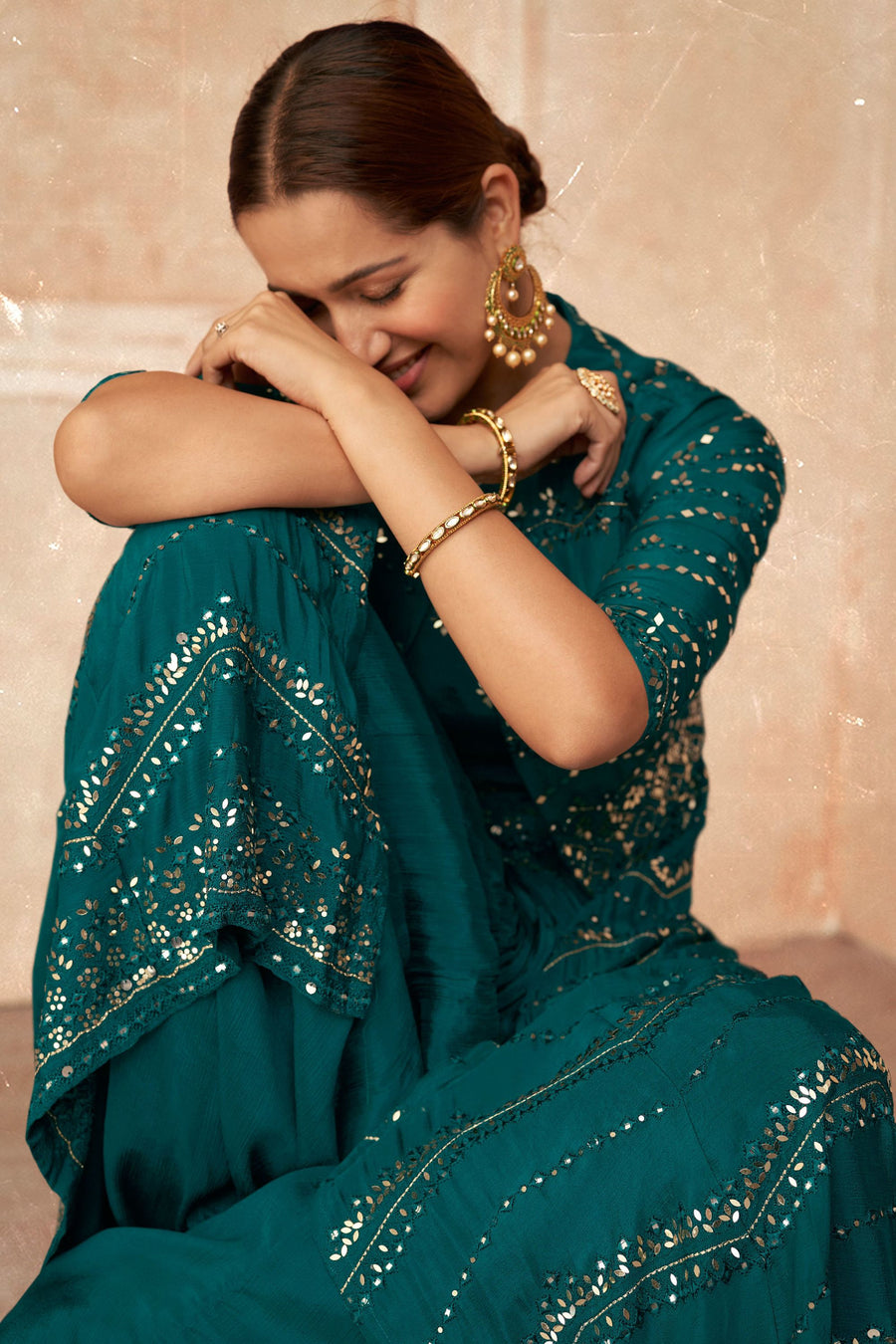 Teal Pakistani Georgette Anarkali Suits For Indian Festivals & Weddings - Embroidery Work