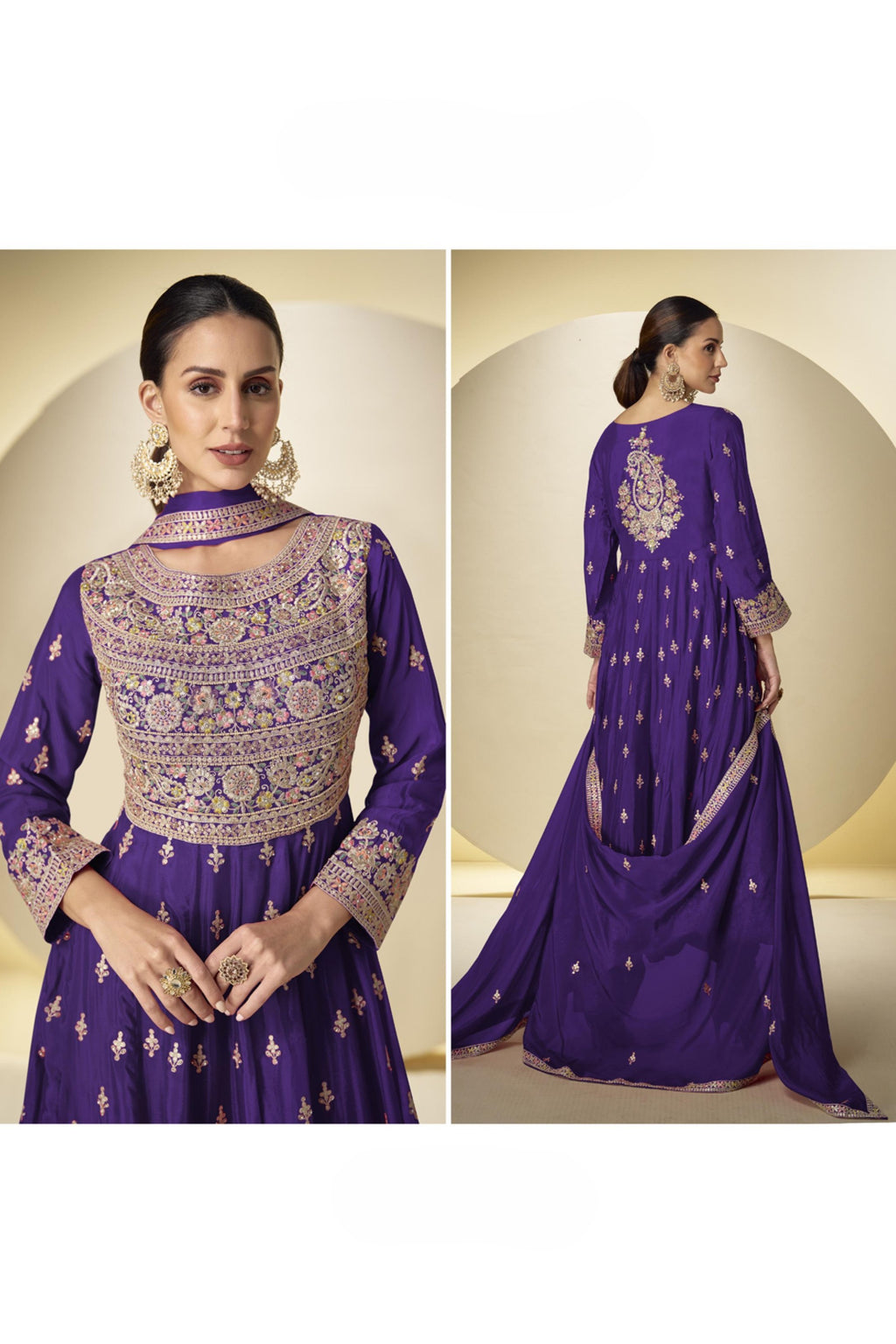 Purple Chinon Silk Kameez With Pant For Indian & Pakistani Wedding Festival - Sequins & Thread Embroidery Work