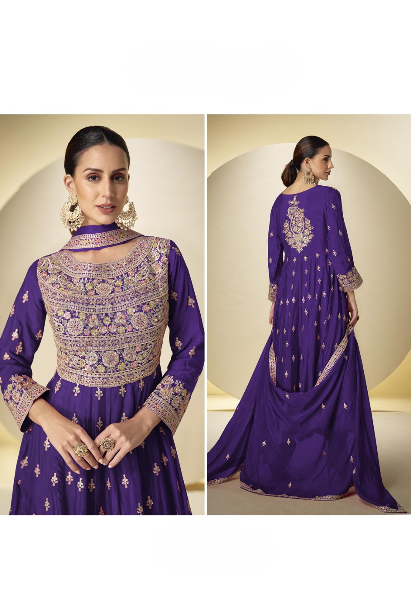 Purple Chinon Silk Kameez With Pant For Indian & Pakistani Wedding Festival - Sequins & Thread Embroidery Work