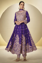 Purple Chinon Silk Kameez With Pant For Indian & Pakistani Wedding Festival - Sequins & Thread Embroidery Work