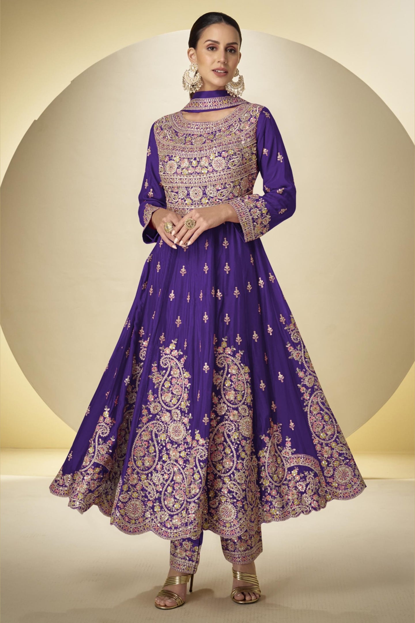 Purple Chinon Silk Kameez With Pant For Indian & Pakistani Wedding Festival - Sequins & Thread Embroidery Work