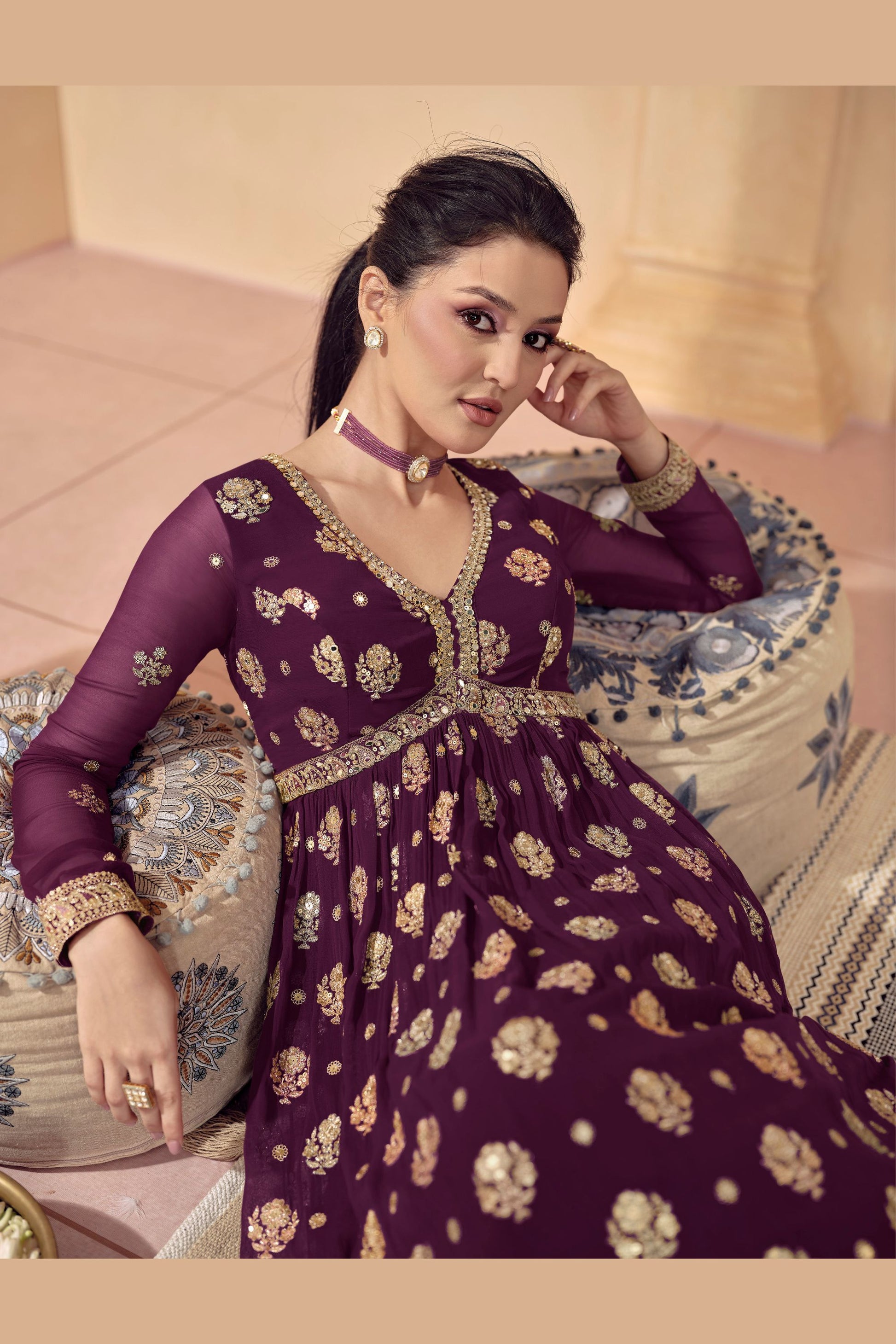 Maroon Georgette Full Floor Length Anarkali Gown For Indian Festivals & Weddings - Embroidery Work