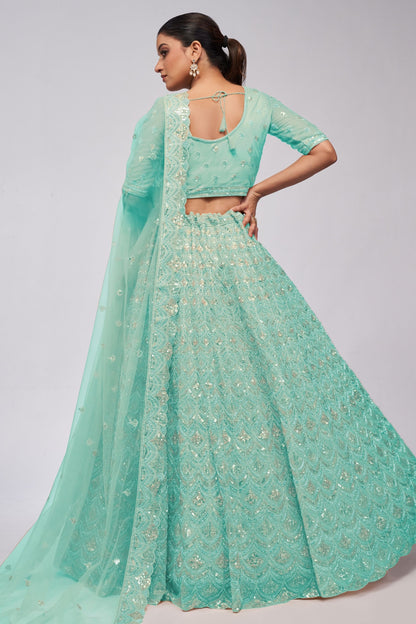 Turquoise Soft Net Lehenga Choli For Indian Festivals & Weddings - Sequins Work, Bead Work, Zarkan Work