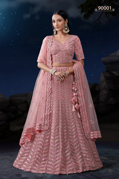Pink Net Lehenga Choli For Indian Festivals & Weddings - Sequence Embroidery Work, Zarkan Work, Dori Work