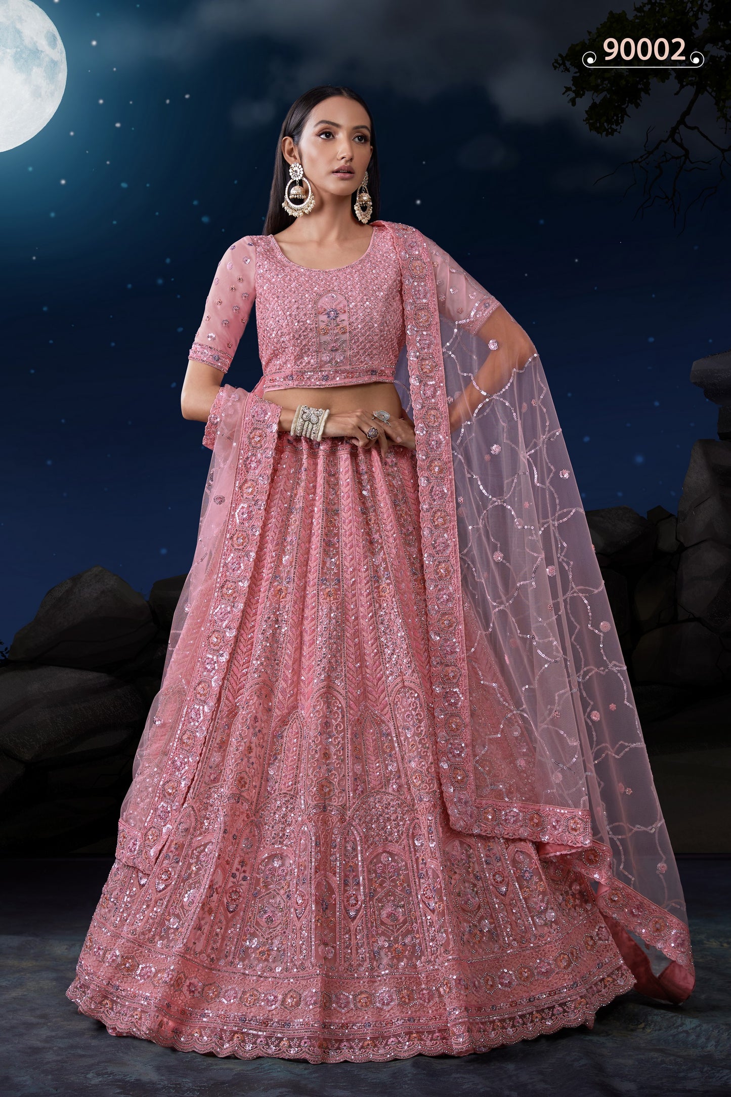 Pink Net Lehenga Choli For Indian Festivals & Weddings - Sequence Embroidery Work, Thread Embroidery Work, Zari Work, Zarkan Work, Dori Work
