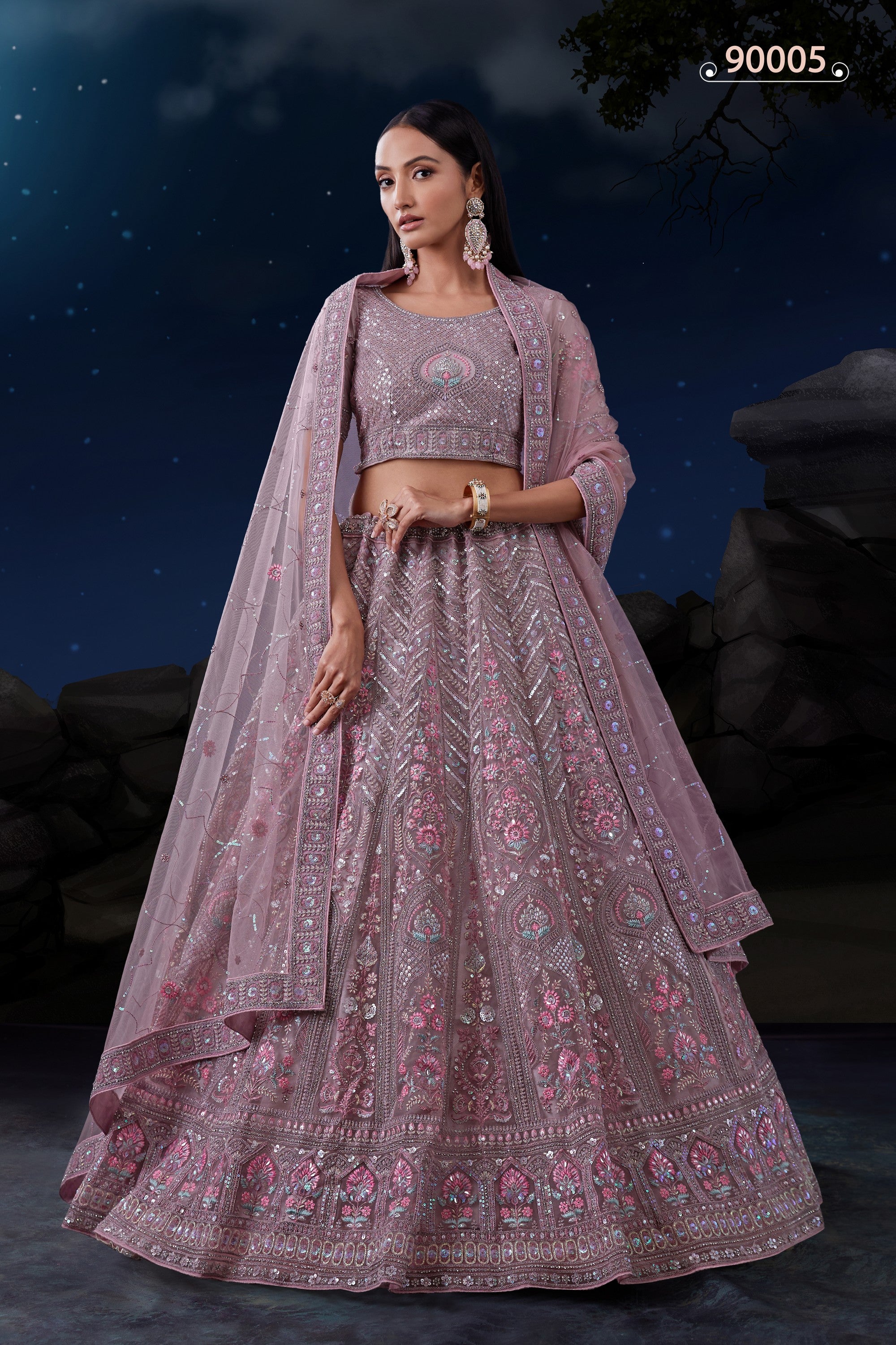 Light Purple Net Lehenga Choli For Indian Festivals & Weddings - Sequence Embroidery Work, Dori Work, Zarkan Work, Thread Embroidery Work