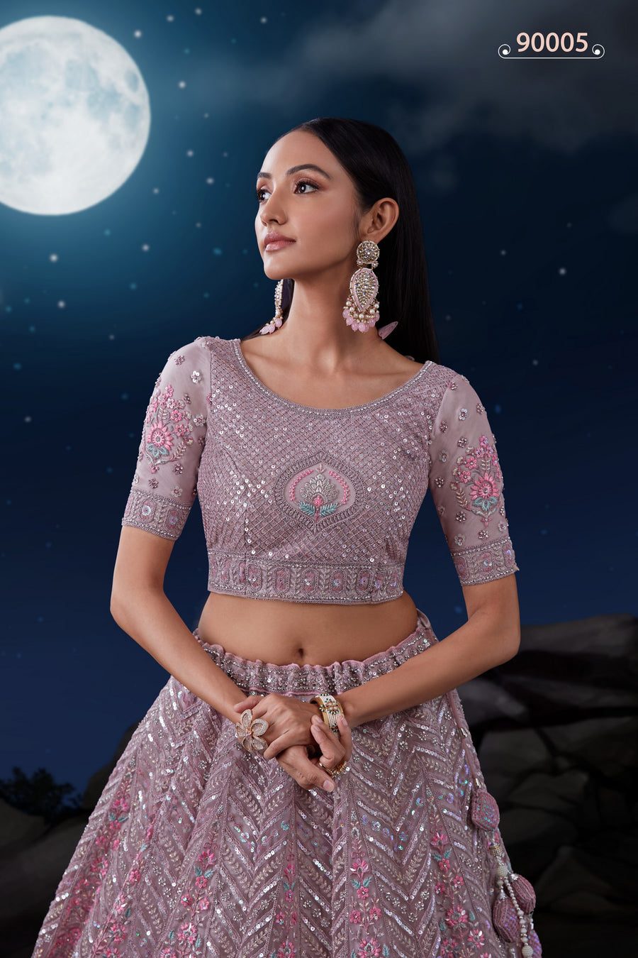 Light Purple Net Lehenga Choli For Indian Festivals & Weddings - Sequence Embroidery Work, Dori Work, Zarkan Work, Thread Embroidery Work