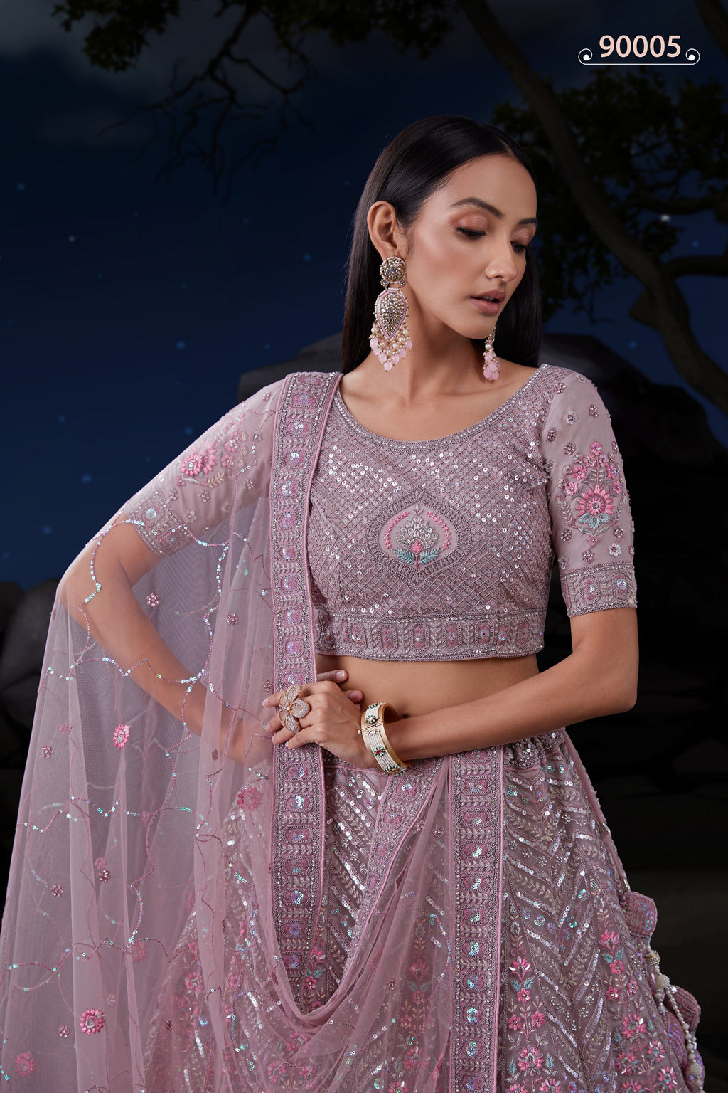 Light Purple Net Lehenga Choli For Indian Festivals & Weddings - Sequence Embroidery Work, Dori Work, Zarkan Work, Thread Embroidery Work