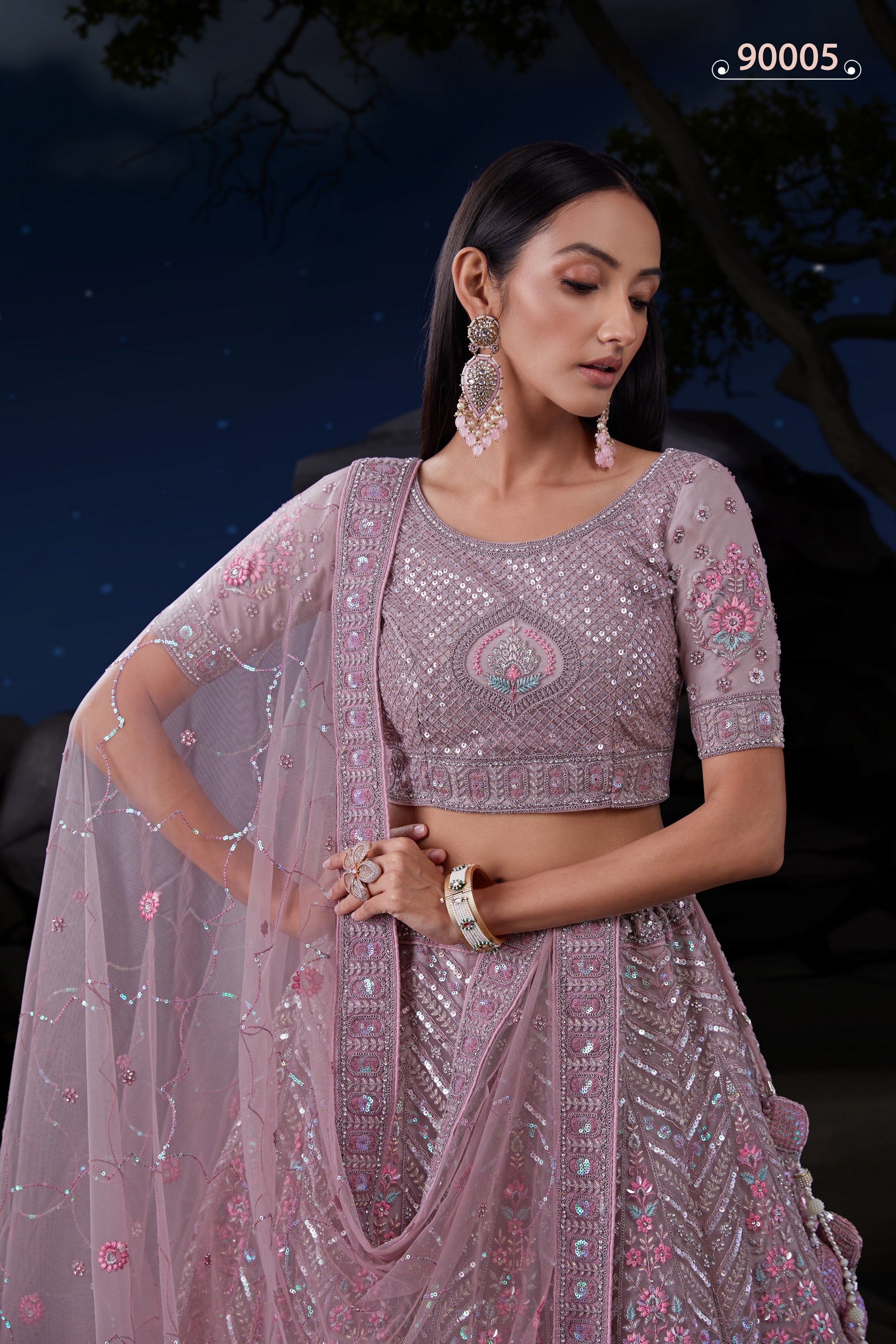 Light Purple Net Lehenga Choli For Indian Festivals & Weddings - Sequence Embroidery Work, Dori Work, Zarkan Work, Thread Embroidery Work