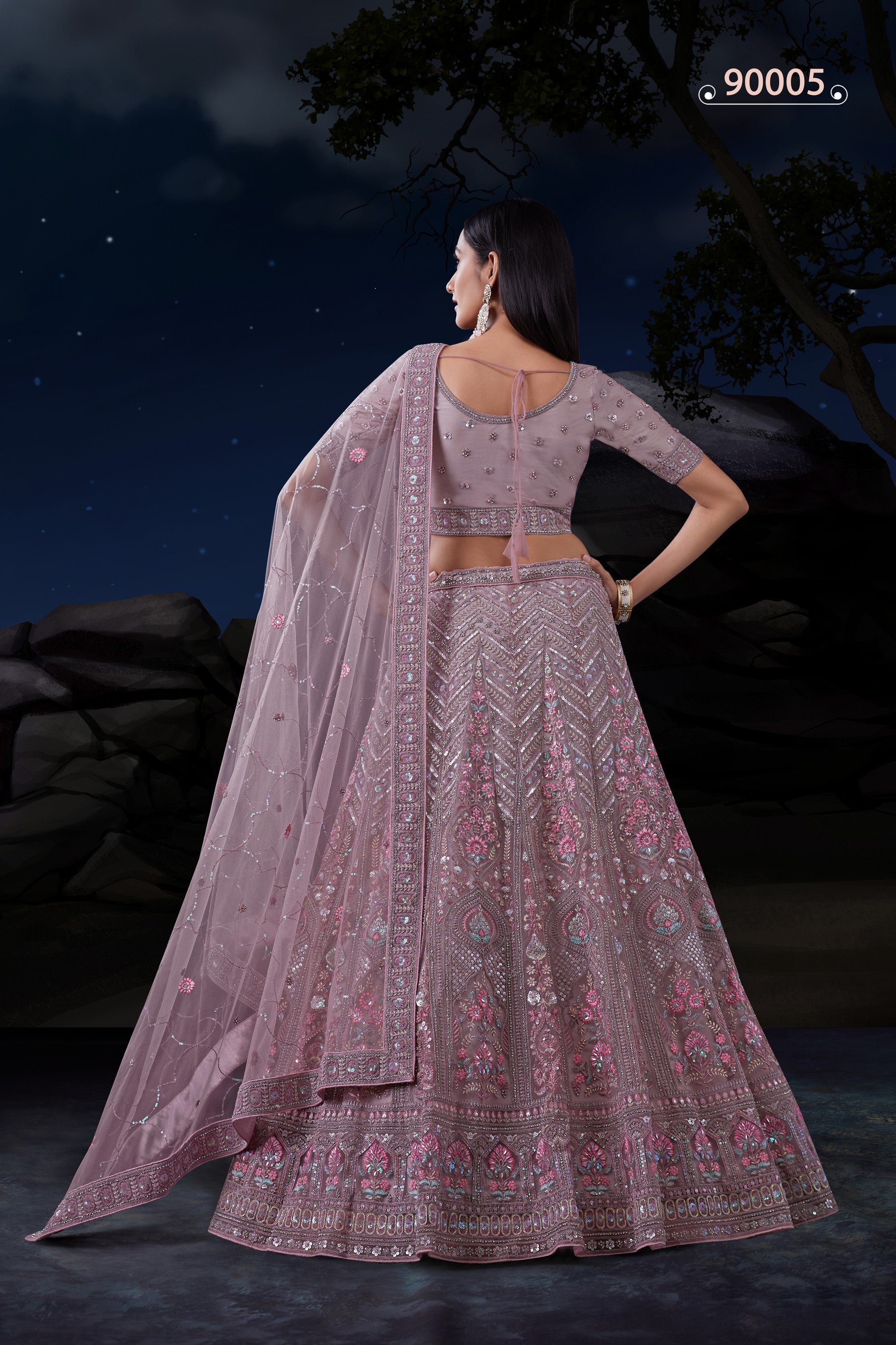 Light Purple Net Lehenga Choli For Indian Festivals & Weddings - Sequence Embroidery Work, Dori Work, Zarkan Work, Thread Embroidery Work