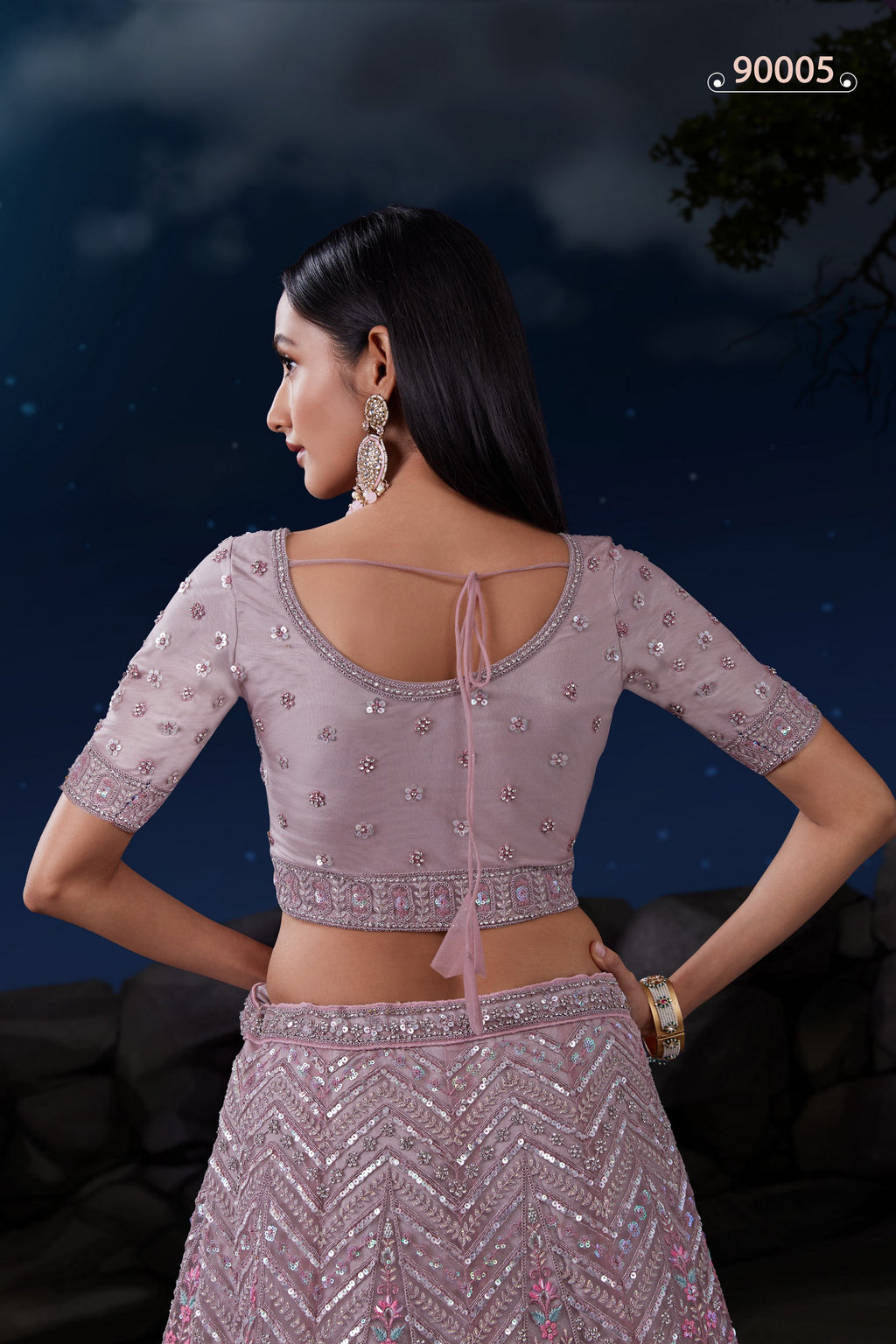 Light Purple Net Lehenga Choli For Indian Festivals & Weddings - Sequence Embroidery Work, Dori Work, Zarkan Work, Thread Embroidery Work