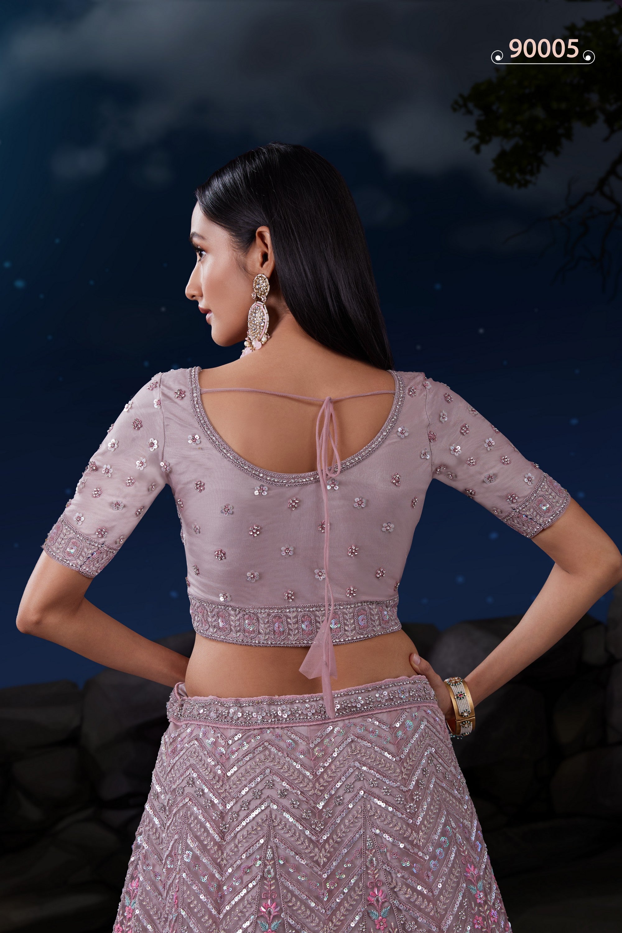 Light Purple Net Lehenga Choli For Indian Festivals & Weddings - Sequence Embroidery Work, Dori Work, Zarkan Work, Thread Embroidery Work