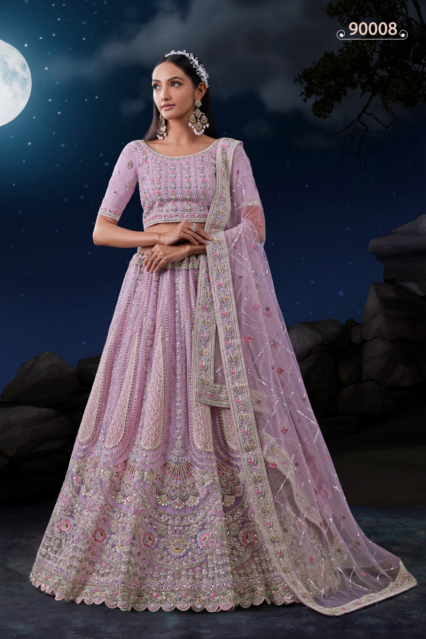 Pink Net Lehenga Choli For Indian Festivals & Weddings - Sequence Embroidery Work, Dori Work, Zarkan Work, Thread Embroidery Work