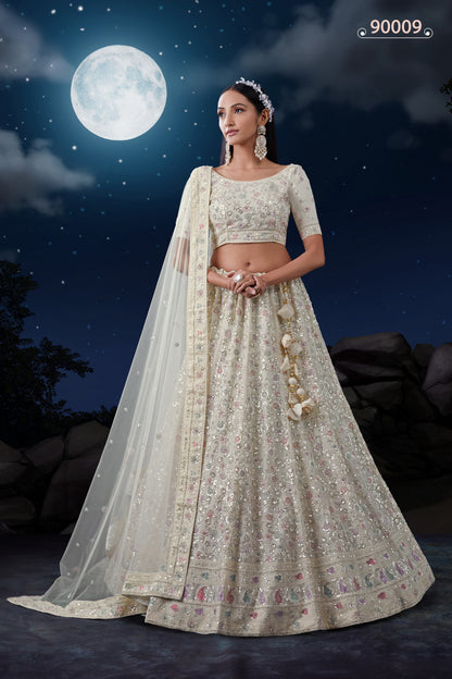 White Georgette Lehenga Choli For Indian Festivals & Weddings - Sequence Embroidery Work, Zarkan Work, Thread Embroidery Work