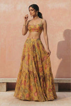 Mustard Yellow Georgette Sleeveless Haldi Lehenga Choli For Indian & Pakistani Wedding Festival - Print Work