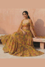 Mustard Yellow Georgette Sleeveless Haldi Lehenga Choli For Indian & Pakistani Wedding Festival - Print Work
