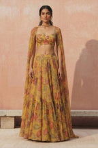 Mustard Yellow Georgette Sleeveless Haldi Lehenga Choli For Indian & Pakistani Wedding Festival - Print Work