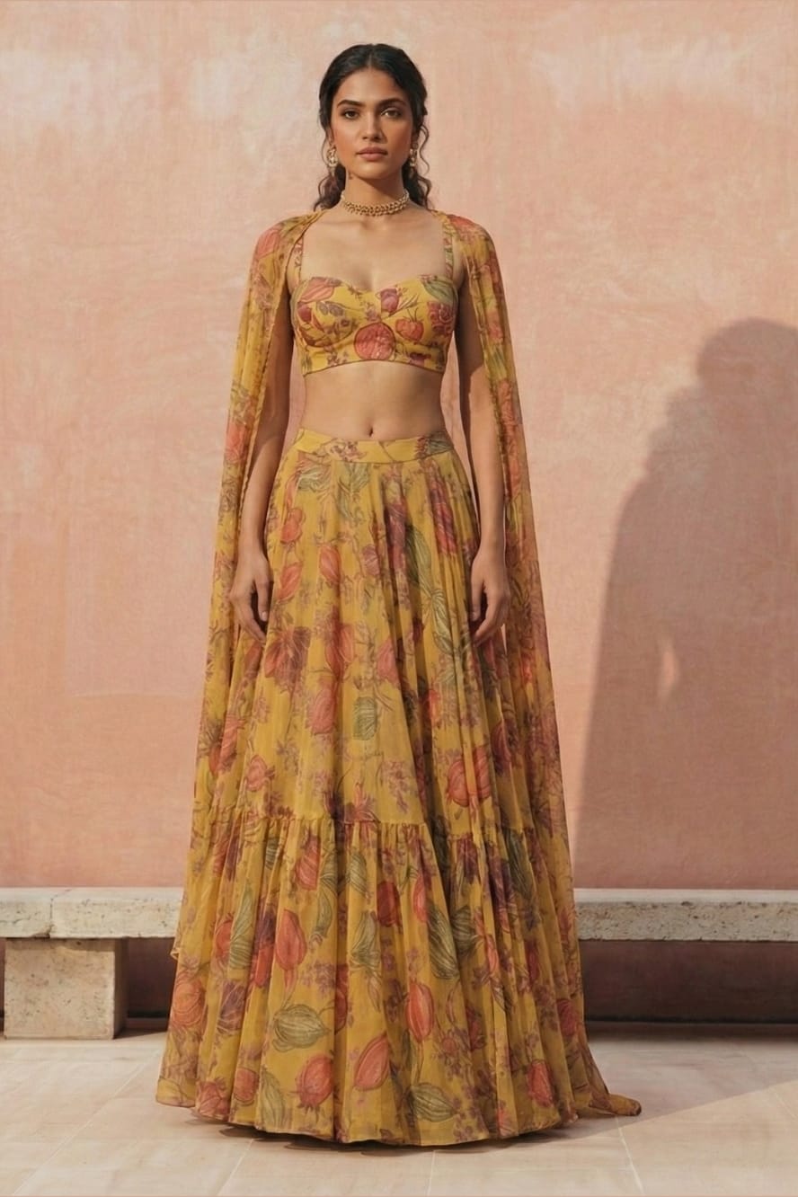 Mustard Yellow Georgette Sleeveless Haldi Lehenga Choli For Indian & Pakistani Wedding Festival - Print Work