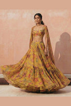 Mustard Yellow Georgette Sleeveless Haldi Lehenga Choli For Indian & Pakistani Wedding Festival - Print Work