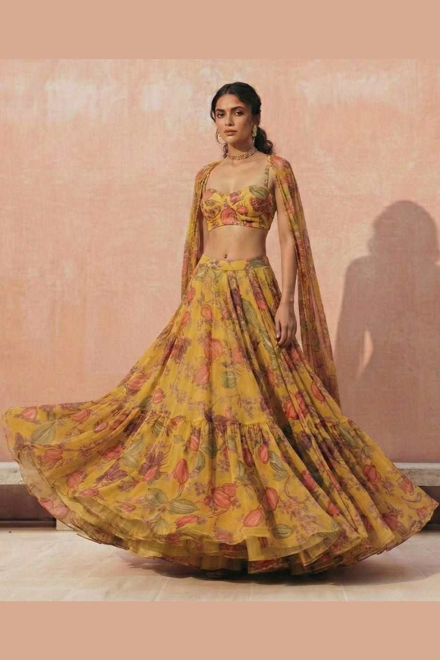 Mustard Yellow Georgette Sleeveless Haldi Lehenga Choli For Indian & Pakistani Wedding Festival - Print Work
