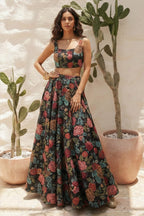 Multi Bhagalpuri Silk Lehenga Choli For Indian & Pakistani Wedding Festival - Print Work