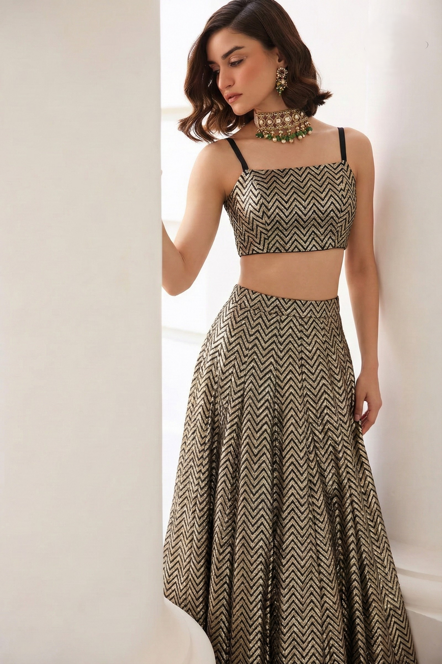 Brown Jacquard Silk Sleeveless Lehenga Choli with Jacquard Work