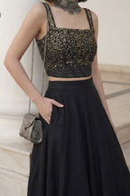 Black Art Silk Sleeveless Blouse & Plain Lehenga with Sequins Embroidery Work