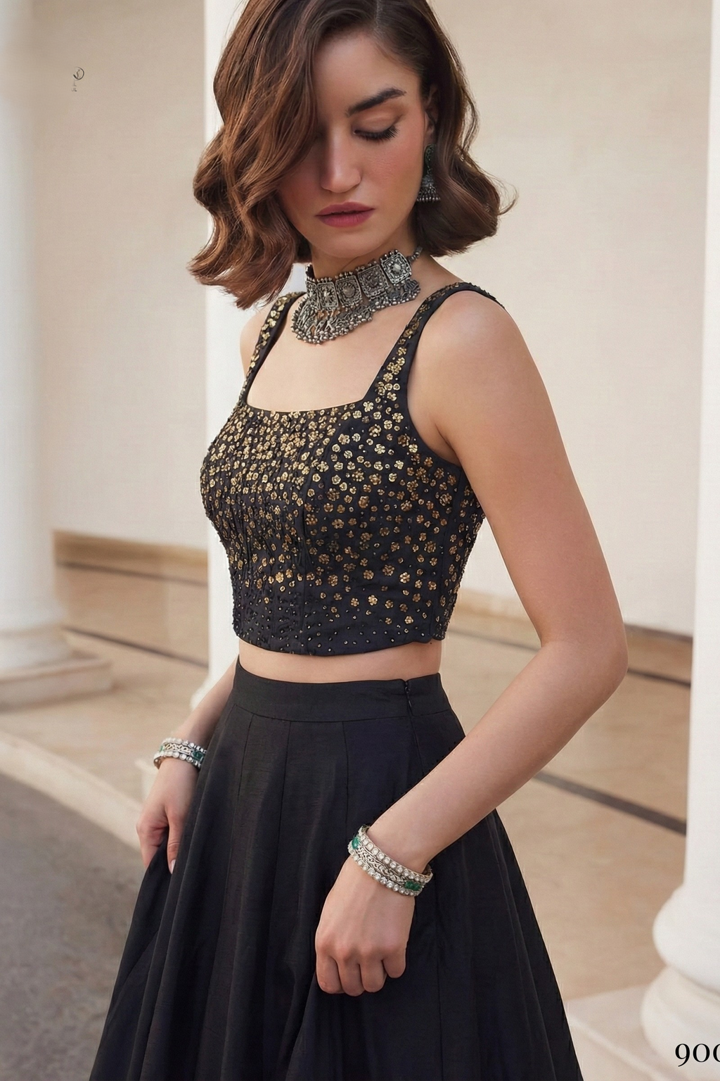 Black Art Silk Sleeveless Blouse & Plain Lehenga with Sequins Embroidery Work