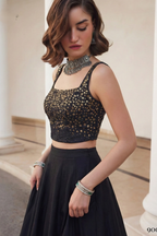 Black Art Silk Sleeveless Blouse & Plain Lehenga with Sequins Embroidery Work