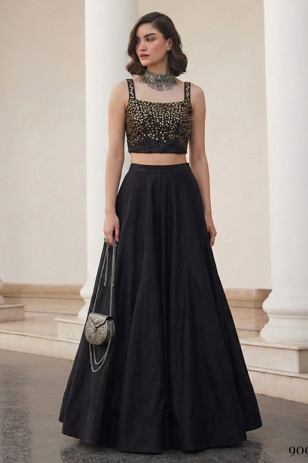 Black Art Silk Sleeveless Blouse & Plain Lehenga with Sequins Embroidery Work