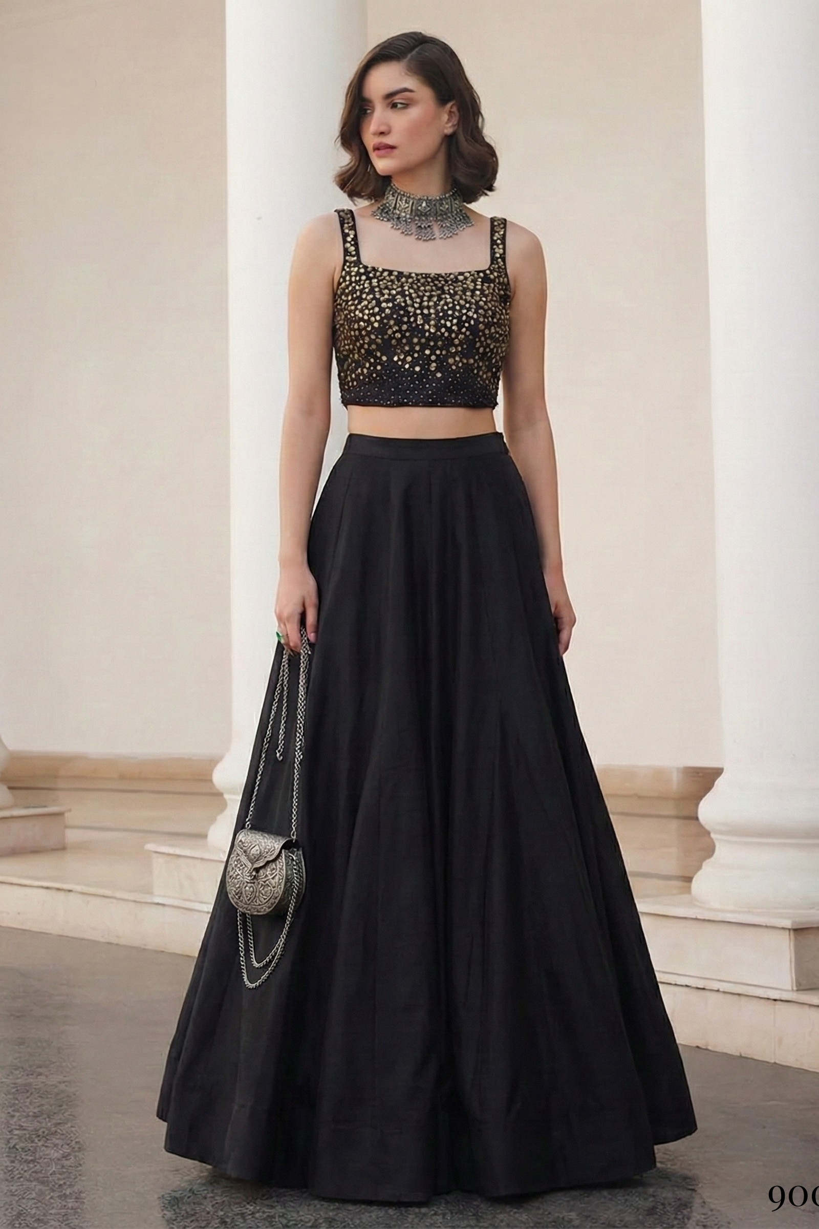 Black Art Silk Sleeveless Blouse & Plain Lehenga with Sequins Embroidery Work