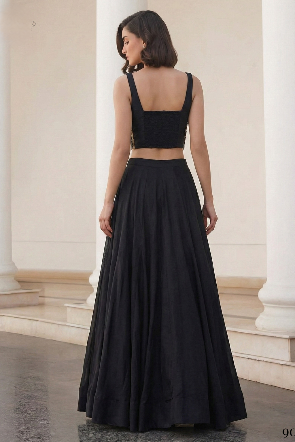 Black Art Silk Sleeveless Blouse & Plain Lehenga with Sequins Embroidery Work