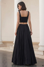 Black Art Silk Sleeveless Blouse & Plain Lehenga with Sequins Embroidery Work
