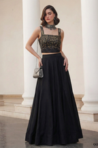 Black Art Silk Sleeveless Blouse & Plain Lehenga with Sequins Embroidery Work