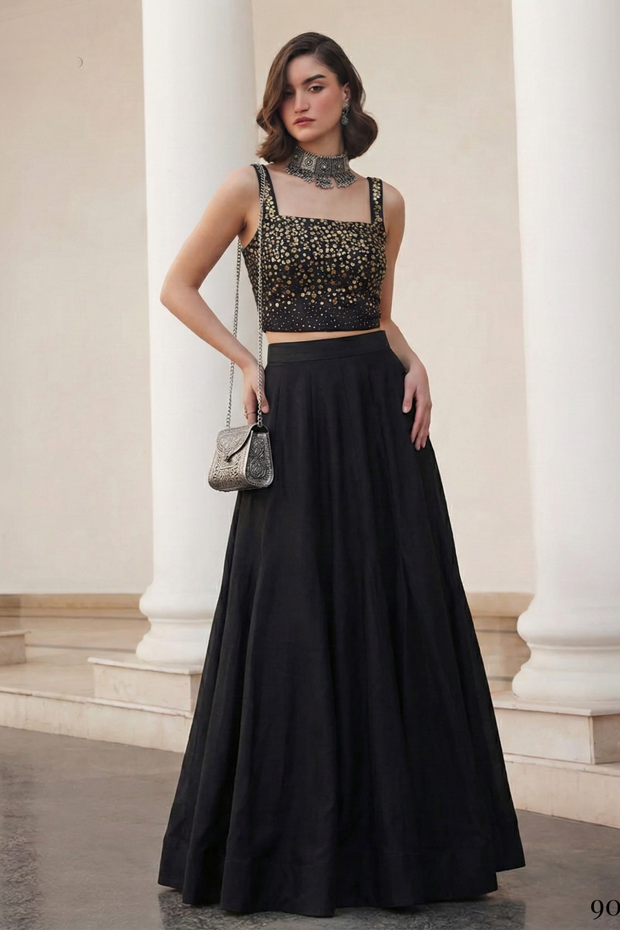Black Art Silk Sleeveless Blouse & Plain Lehenga with Sequins Embroidery Work