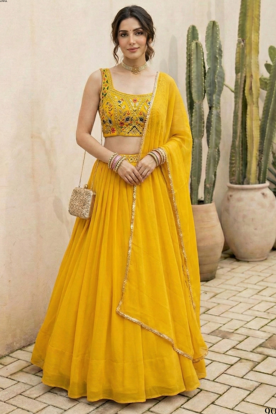Yellow Georgette Sleeveless Mirror Work Lehenga Choli with Embroidery