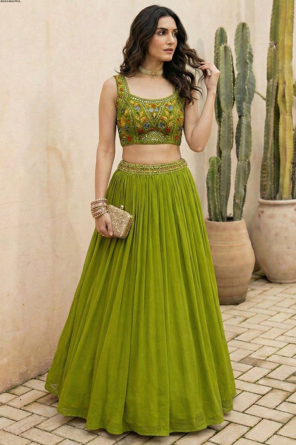 Green Georgette Sleeveless Mirror Work Lehenga Choli with Embroidery