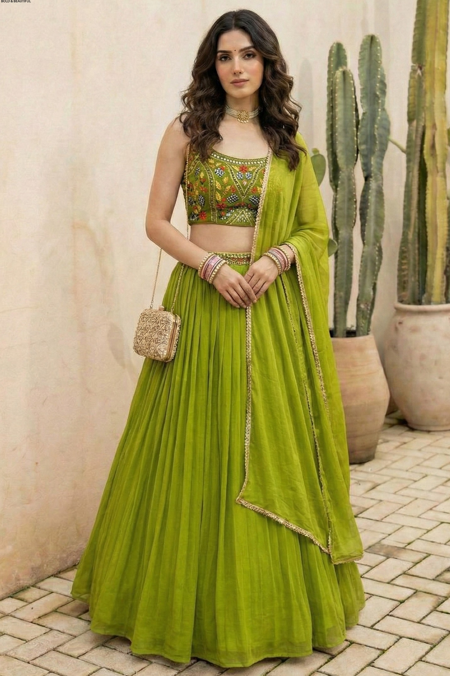 Green Georgette Sleeveless Mirror Work Lehenga Choli with Embroidery