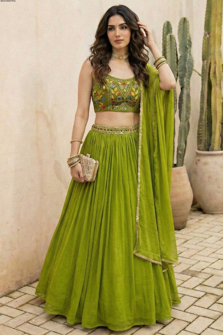 Green Georgette Sleeveless Mirror Work Lehenga Choli with Embroidery