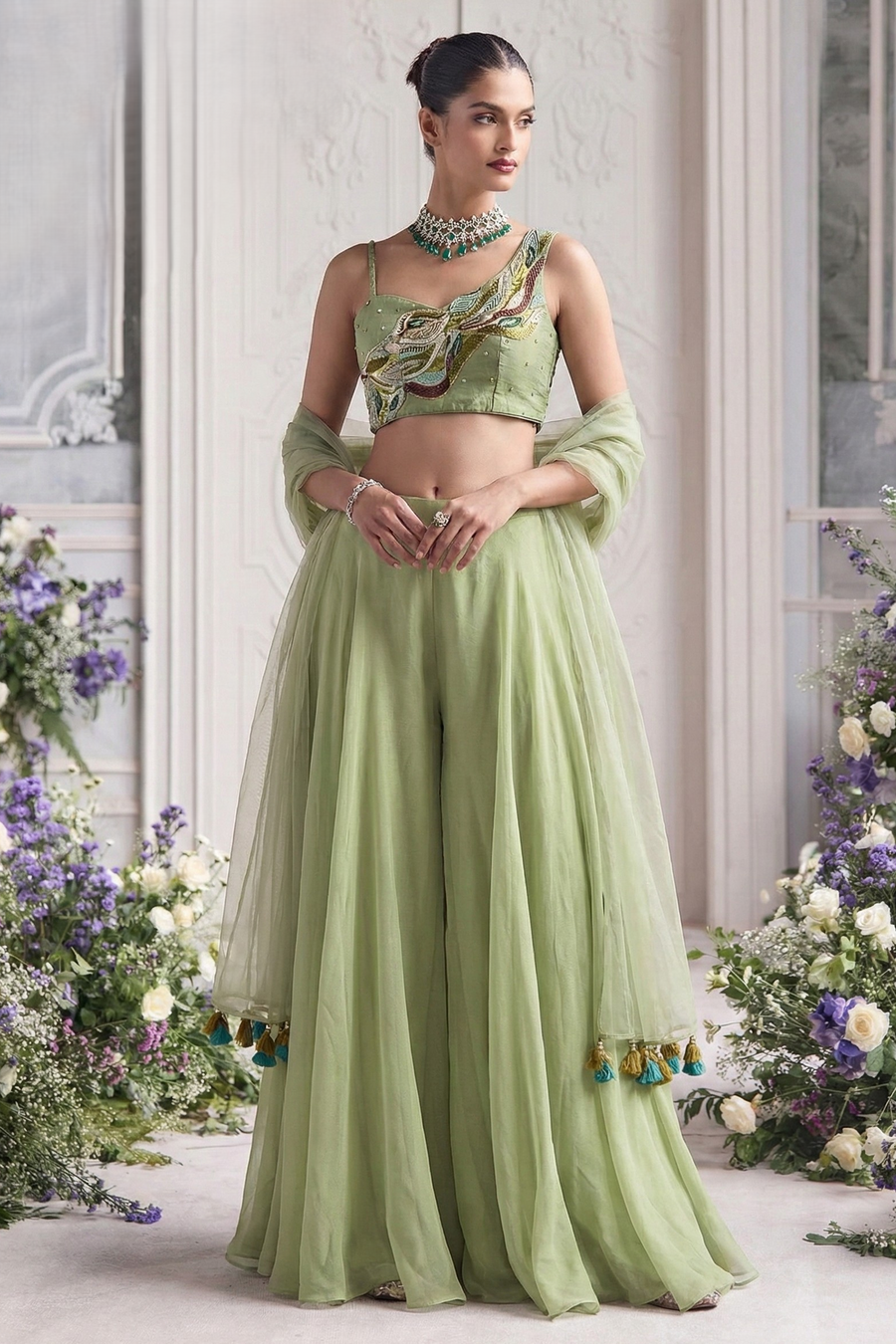 Pista Green Georgette Asymmetric One Shoulder Top with Plazo Suit with Moti Work