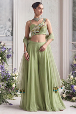 Pista Green Georgette Asymmetric One Shoulder Top with Plazo Suit -  Moti & Embroidery