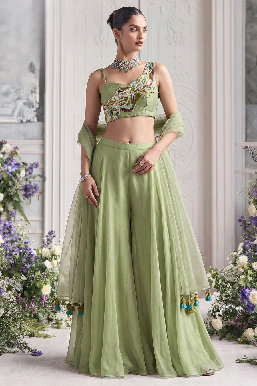 Pista Green Georgette Asymmetric One Shoulder Top with Plazo Suit with Moti Work