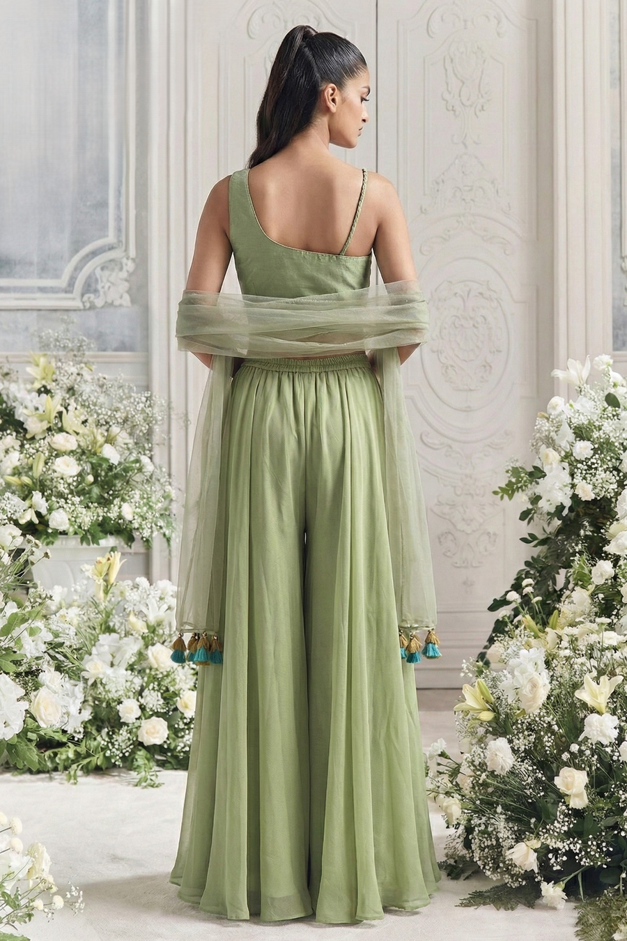 Pista Green Georgette Asymmetric One Shoulder Top with Plazo Suit with Moti Work